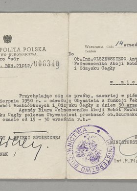 Pismo skierowane do Antoniego Olszewskiego ze zgodą na odwołanie go ze stanowiska i przekazanie obowiązków