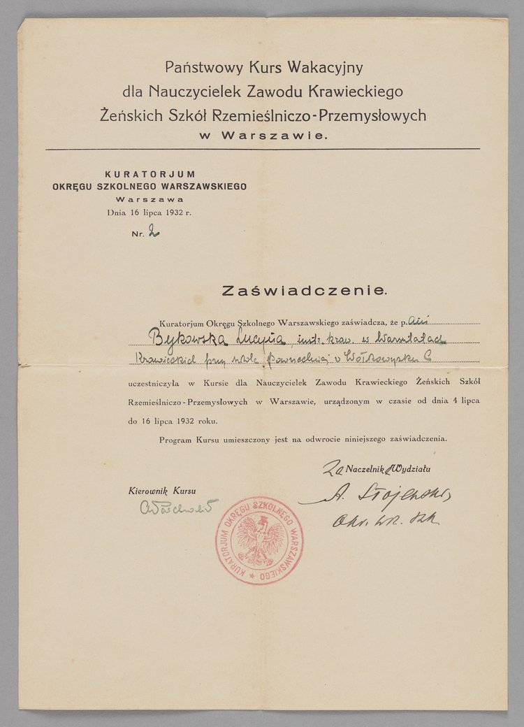 Zaświadczenie wystawione Lucynie Bykowskiej