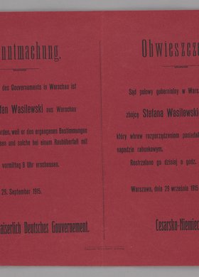 Bekanntmachung / Obwieszczenie o skazaniu na śmierć i rozstrzelaniu Stefana Wasilewskiego z Warszawy za napad rabunkowy z bronią w ręku