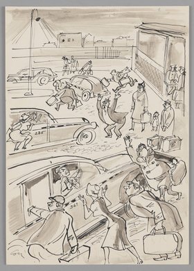 a) Polowanie przed Dworcem Głównym; b) Szkic do rysunku: Polowanie przed Dworcem Głównym