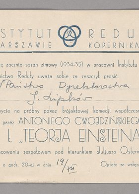 Zaproszenie na komedię Antoniego Owojdzińskiego p.t. "Teoria Einsteina"