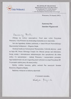 Pismo Władysława Frasyniuka wysłane do Stanisława Wyganowskiego
