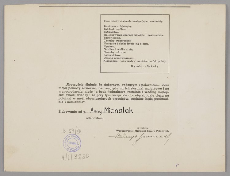 Dyplom potwierdzający ukończenie kursu położnej akuszerki wystawiony Annie Michalak z Gryliczów