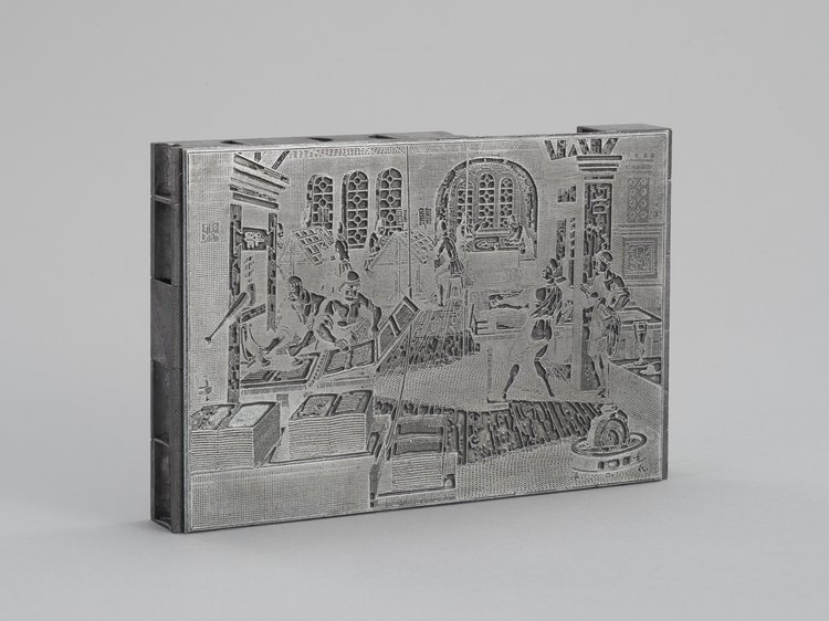 Klisza cynkograficzna z widokiem dawnej drukarni i drukarzy przy pracy