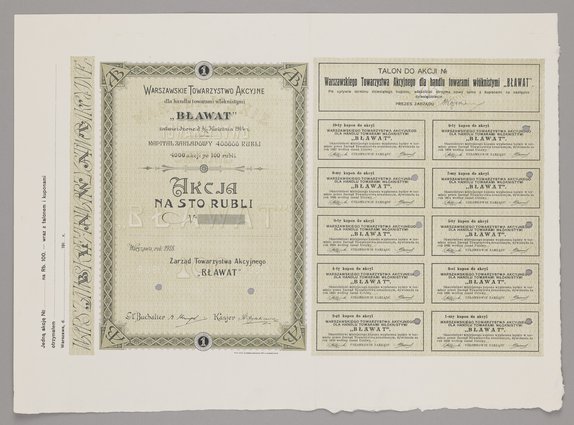 Akcja na 100 rubli Warszawskiego Towarzystwa "Bławat" wraz z kuponem i talonami