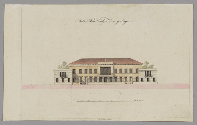 Pałac Zamojskich (Pałac Błękitny), widok fasady od ulicy Senatorskiej, rysunek pomiarowy