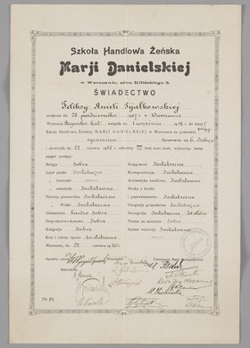 Świadectwo wystawione Feliksie Anieli Fijałkowskiej