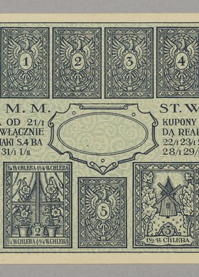 Bon zaopatrzeniowy z okresu I Wojny Światowej wydany przez Magistrat Miasta stołecznego Warszawy na chleb i cukier
