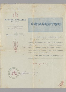 Świadectwo wystawione dla Haliny Olszewskiej, potwierdzające jej uczestnictwo w wykładach kursu całkowitego nauki współczesnej buchalterii Marcelego Pelliera - bilansisty