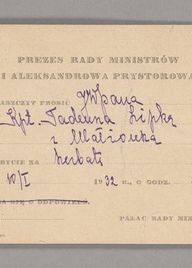 Zaproszenie na herbatę przysłane przez Prezesa Rady Ministrów i Aleksandrę Prystorową dla Tadeusza Nałęcz - Lipki i jego małżonki Dziewanny