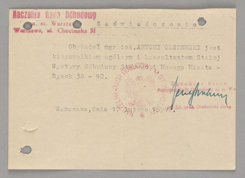 Zaświadczenie wystawione Antoniemu Olszewskiemu