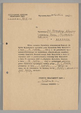 Pismo skierowane do Antoniego Olszewskiego