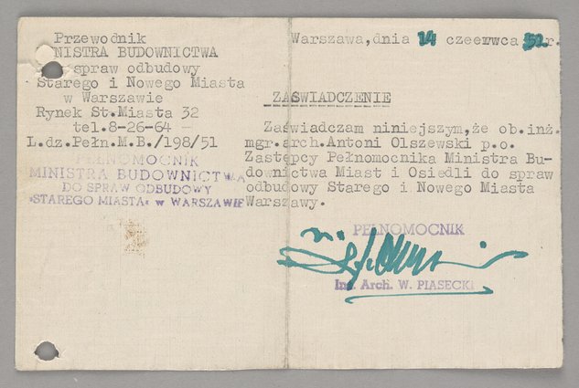 Zaświadczenie wystawione Antoniemu Olszewskiemu