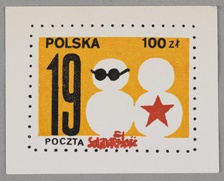 Znaczek okolicznościowy o wartości 100 złotych, wydany przez Pocztę 'Solidarność', na którym znalazły się dwa bałwany ze śniegu