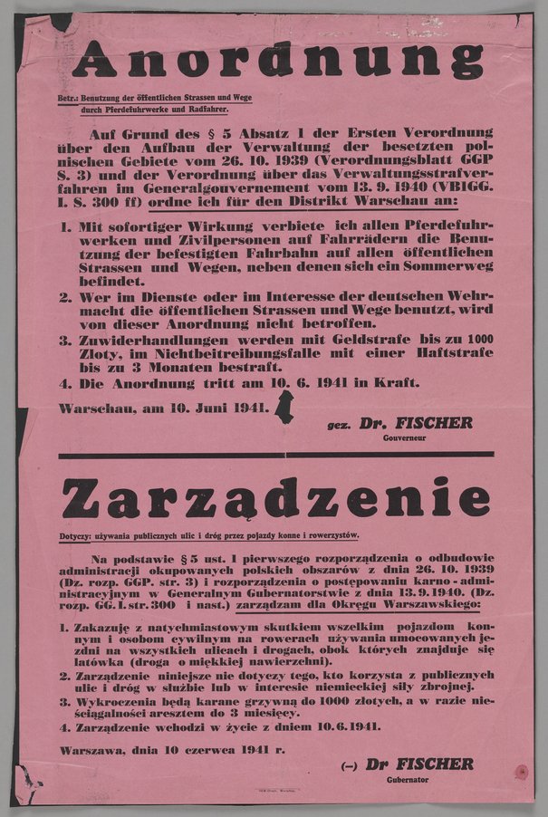 Anordnung / Zarządzenie zakazujące osobom cywilnym korzystania z brukowanych dróg i ulic, obok których znajdowała się droga o miękkiej nawierzchni Fischer, Ludwig 10 czerwca 1941