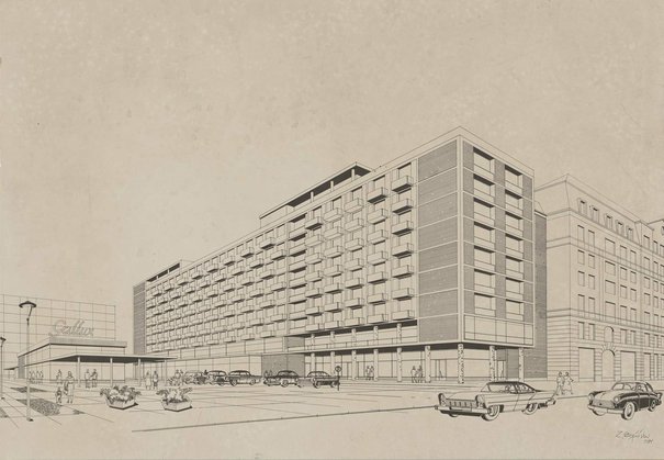 Zygmunt Stępiński,  Hotel i pawilon Gallux, róg ulicy Marszałkowskiej i Alei Jerozolimskich, perspektywa, 1958