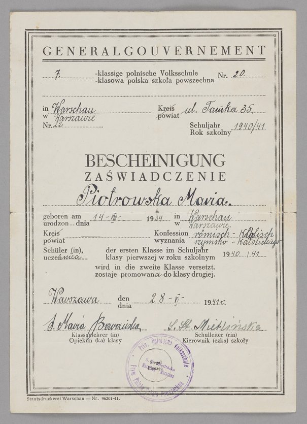 Staatsdruckerei Warschau - Nr 96201-41, Stanisława, Bescheinigung/Zaświadczenie szkolne Marii Piotrowskiej, 28 czerwca 1941