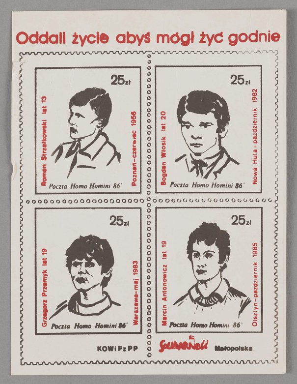 Bloczek czterech znaczków okolicznościowych o wartości 25 złotych każdy, wydany przez Pocztę Homo Homini i 'Solidarność' Małopolska, na których znalazły się podobizny opozycjonistów zmarlych walcząc o wolną Polską, 1986
