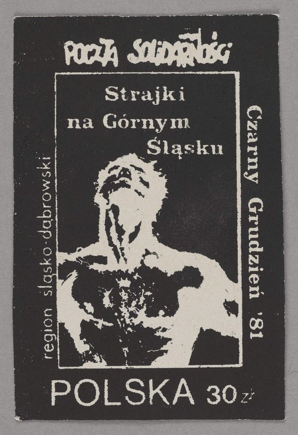 Znaczek okolicznościowy o wartości 30 złotych, wydany przez Pocztę 'Solidarność' Region Śląsko - Dąbrowski, na którym znalazł się wizerunek cierpiącego człowieka, lata 80. XX w.