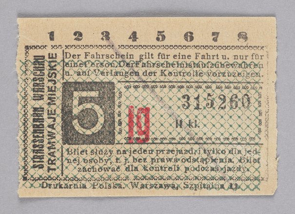 Bilet miejski jednorazowy klasy II. z okresu okupacji wydany przez Tramwaje Miejskie w Warszawie autorstwo nieznane ? październik 1939