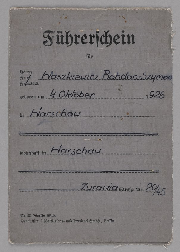 Führerschein/Prawo jazdy wystawione Bohdanowi Szymonowi Waszkiewiczowi autorstwo nieznane 7 marca 1944