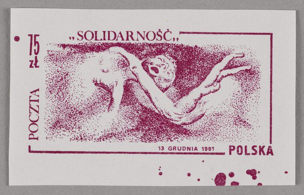 Znaczek poczty podziemnej o wartości 75 złotych ze słowami 'Solidarność' / 13 grudnia 1981, który został wydany przez Pocztę 'Solidarność', lata 80. XX w.