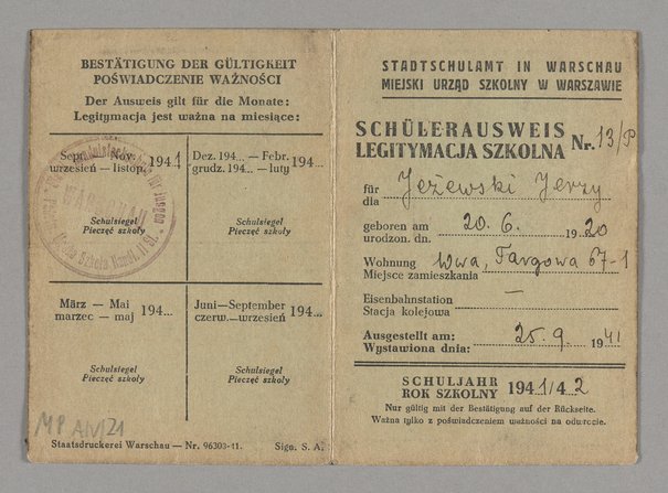 Stadtschulamt in Warschau / Miejski Urząd Szkolny w Warszawie, Schülerausweis / Legitymacja szkolna Jerzego Jeżewskiego na rok szkolny 1941/42, 2 września 1941
