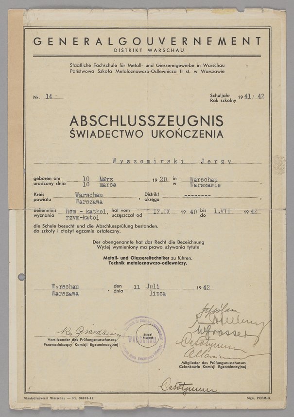Państwowa Szkoła Metaloznawczo - Odlewnicza II. stopnia w Warszawie, Świadectwo szkolne Jerzego Wyszomirskiego, 11 lipca 1942
