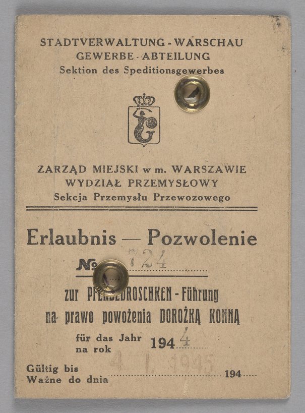 Erlaubnis/Pozwolenie na prawo powożenia dorożką konną wydane Wacławowi Starosowi Szabowski, Ignacy 12 lutego 1944