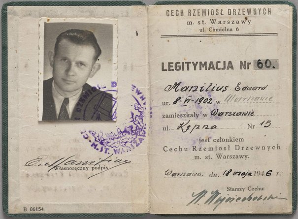 Cech Rzemiosł Drzewnych m.st. Warszawy, Legitymacja członkowska Edwarda Manitiusa, 18 maja 1946