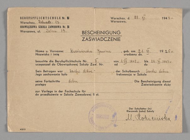 Obowiązkowa Szkoła Zawodowa Nr II w Warszawie, Bescheinigung/Zaświadczenie wystawione Janinie Kwaśniewskiej, 29 czerwca 1943