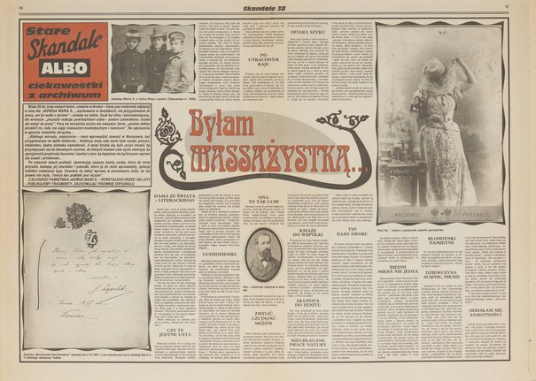Fragment gazety p.t. "Skandale" z artykułem p.t. "Byłam massażystką ..." z serii "Stare Skandale albo ciekawostki z archiwum", 1. poł. XX w.