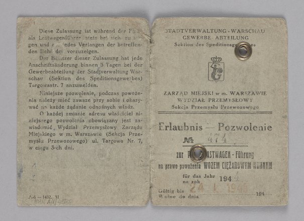 Erlaubnis/Pozwolenie-prawo jazdy na powożenie wozem ciężarowym konnym Antoniego Świeżaka Szabowski, Ignacy 24 lutego 1944