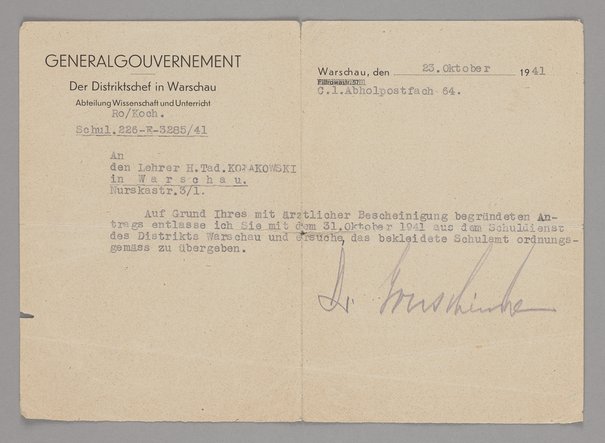 Wydział Nauki i Szkolnictwa Dystryktu Warszawskiego, Pismo skierowane do Tadeusza Kołakowskiego z informacją o cofnięciu mu pozwolenia na nauczanie w szkołach Dystryktu Warszawskiego, 23 października 1941