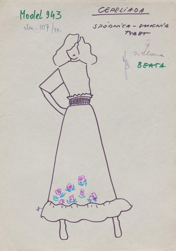 Projekt spódnicy - sukni z tybetu dla Spółdzielni Moda i Styl, 1977