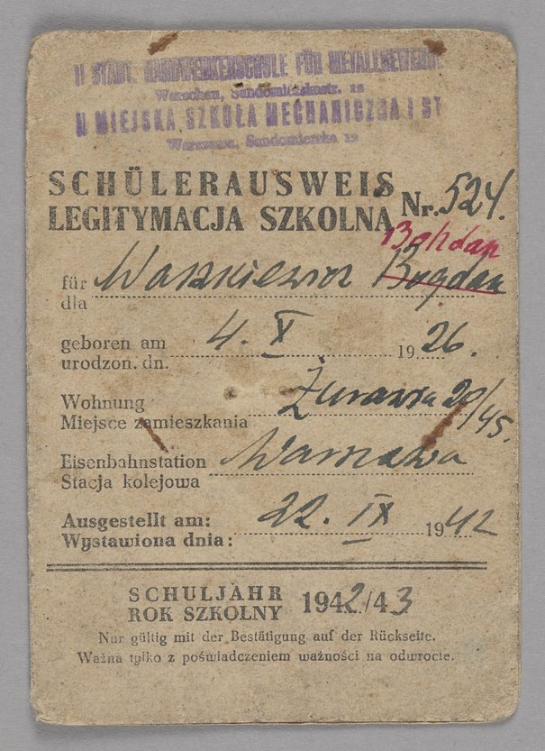 Staatsdruckerei Warschau Nr. 3723, Schülerausweis/Legitymacja szkolna wydana Bohdanowi Waszkiewiczowi, 22 września 1942