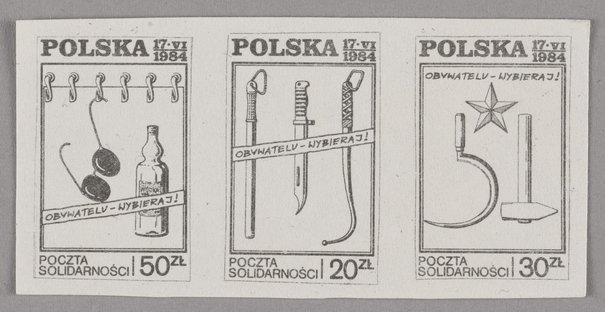 Znaczek poczty podziemnej w formie bloczku w satyryczny sposób zachęcających Polaków do nie brania udziału w wyborach do rad narodowych wraz ze słowami 'OBYWATELU - WYBIERAJ!', który został wydany przez Pocztę 'Solidarność', przed 17 czerwca 1984