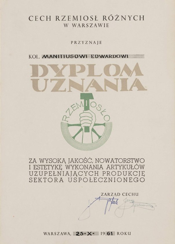 Dyplom uznania przyznany Edwardowi Manitiusowi, 25 października 1961