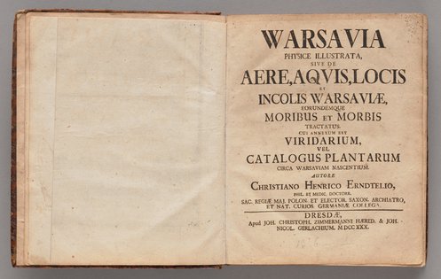 Karta tytułowa starodruku Christiana H. Erndtelia, Warsavia Physice Illustrata…, zawierającego wykaz roślin z królewskiego ogrodu botanicznego, 1730