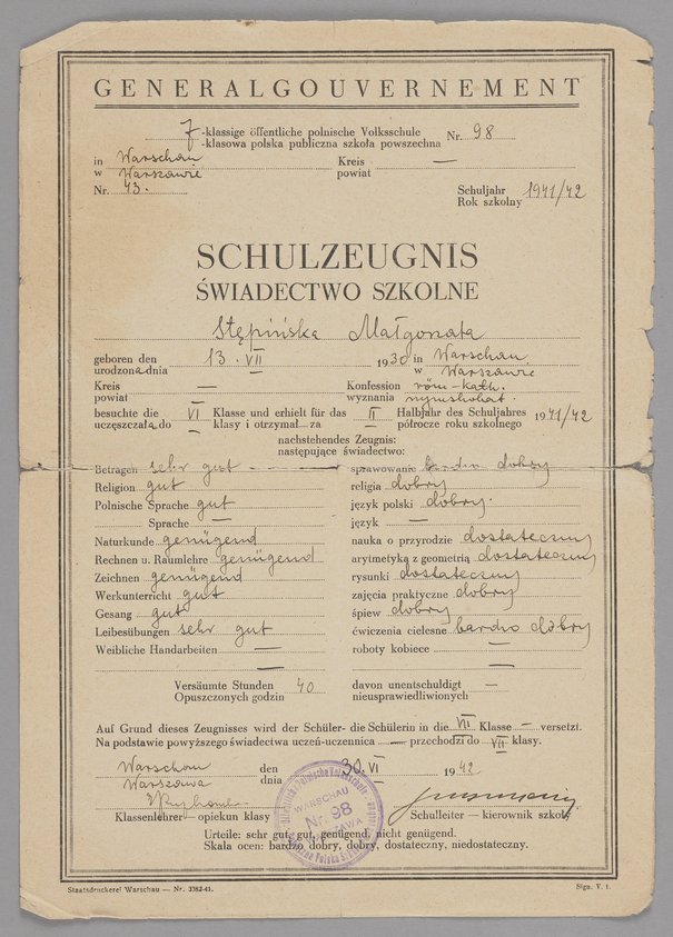 7-klasowa Polska Publiczna Szkoła Powszechna nr 98 w Warszawie, Świadectwo szkolne wystawione Małgorzacie Stępińskiej przez 7-klasową Polską Publiczną Szkołę Powszechną nr 98 w Warszawie, 30 czerwca 1942
