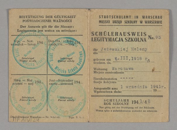 Schülerausweis / Legitymacja szkolna Heleny Jeżewskiej na rok szkolny 1941/42 Stadtschulamt in Warschau / Miejski Urząd Szkolny w Warszawie 1 września 1941