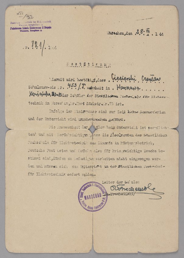 Państwowa Szkoła Elektryczna II Stopnia w Warszawie, Zaświadczenie dla Czesława Ciecierskiego, 28 lipca 1944